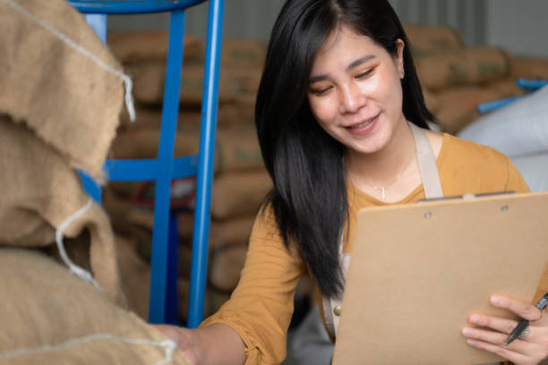 young asian woman sitting on the floor in coffee beans warehouse and checking documents - coffee bag green bean imagens e fotografias de stock