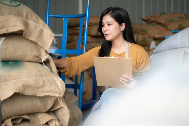 giovane donna asiatica che si siede sul pavimento nel magazzino dei chicchi di caffè e controlla i documenti - coffee bag green bean foto e immagini stock