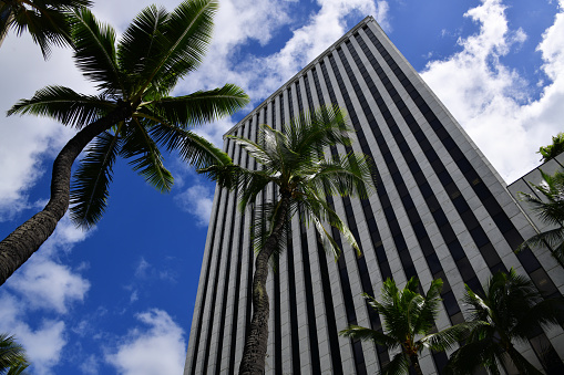 Honolulu, Oahu, Hawaii, USA: Topa Financial Center Tower (formerly Amfacs) - façade with solar glass and Carrara marble - late International Style aka “Formalist” - Fort Street and Bishop Street, downtown central business district.