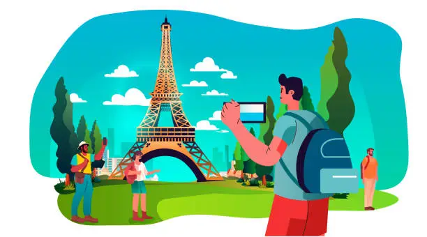 Vector illustration of tourists taking photo in front of landmarks in travel journey on holidays vacation people in summer tour concept