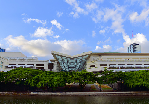 Honolulu, Oahu, Hawaii, USA: Hawaii Convention Center and the Ala Wai Canal - the largest exhibition center of its type in the state - designed by LMN Architects.