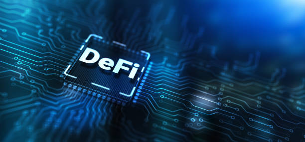 DeFi Decentralized Finance. Technology blockchain cryptocurrency concept on Server Room background