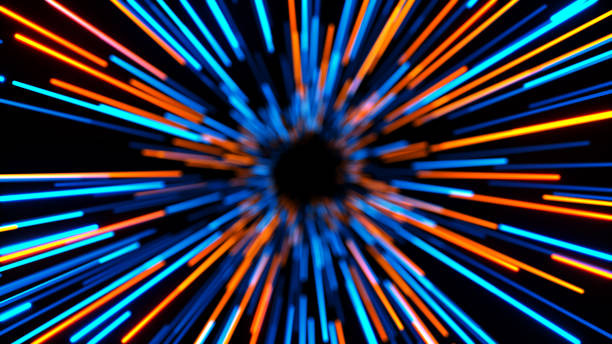 Glowing neon energy lines. Abstract network background. Global Communications and Big Data technology. Hyperspeed and virtual reality jump. 3d illustration.