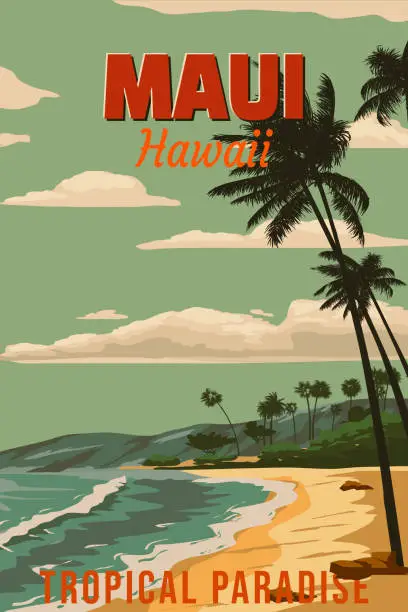 Vector illustration of Maui island vintage travel poster. Hawaii Tropical island