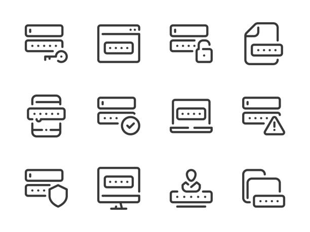 Password, Pass code and Login outline icon set. Password and Entry vector line icons. Pass code and Login outline icon set. Access key, Login protection, Online password, Successful access, Alert notification and more. number counter stock illustrations