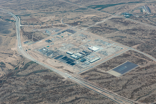 Aerial view of the new computer chip factory that's being built by The Taiwan Semiconductor Manufacturing Company in Arizona on the North side of Phoenix. TSMC has invested $40 billion dollars into this project, and the project is receiving support from the United States via the CHIPS Act.