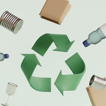 Recycle, reduce, reuse and repair. Recycling symbol revolves around waste to be recycled. 3d render illustration