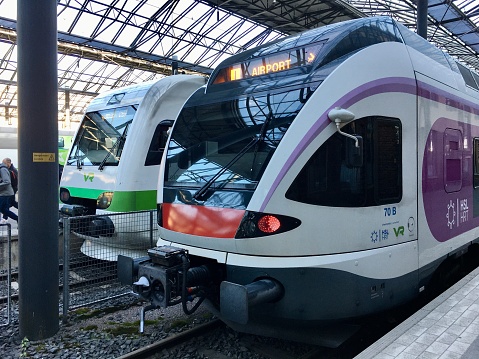 May 10th 2023, Helsinki Central Station, Helsinki, Finland.\n\nThe fast and efficient Vantaa airport train, stands ready to leave for the airport.  \n\nIt is a fast and frequent way to get to the airport and makes several stops in the suburbs along the route.  This ensures that much of the city's population has access to this modestly priced and swift mode of travel to the capital's international airport.