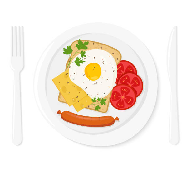 gesundes frühstück. leckeres sandwich mit spiegelei, wurst, käsestücken, tomatenscheiben auf einem weißen teller. geschirr und besteck. illustration des flachen vektorstils - fork plate isolated scrambled eggs stock-grafiken, -clipart, -cartoons und -symbole