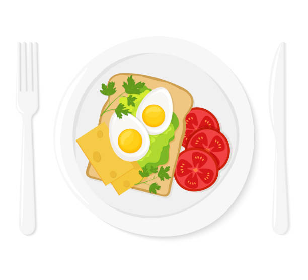 gesundes frühstück. leckeres sandwich mit gekochtem ei, käsestücken, tomatenscheiben und salat auf einem weißen teller. geschirr und besteck. illustration des flachen vektorstils - fork plate isolated scrambled eggs stock-grafiken, -clipart, -cartoons und -symbole
