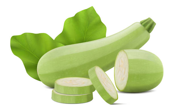 ilustrações de stock, clip art, desenhos animados e ícones de marrow or zucchini with slices isolated on white background. whole and chopped vegetable. realistic 3d vector illustration. clipping path and full depth of field. - zucchini squash marrow squash vegetable