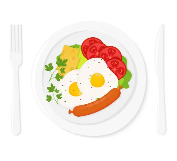 Vector illustration of Healthy breakfast. Delicious fried eggs, sausage, pieces of cheese, tomato slices and lettuce on a white plate . Dish and cutlery. Vector flat style illustration