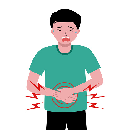 Man in green shirt is stomachache cartoon vector.