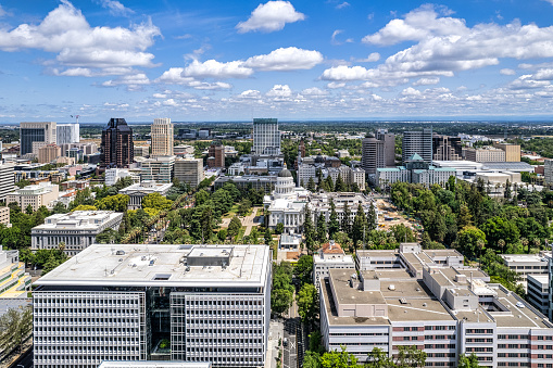 Aerial view of downtown Sacramento on a sunny blue sky day.