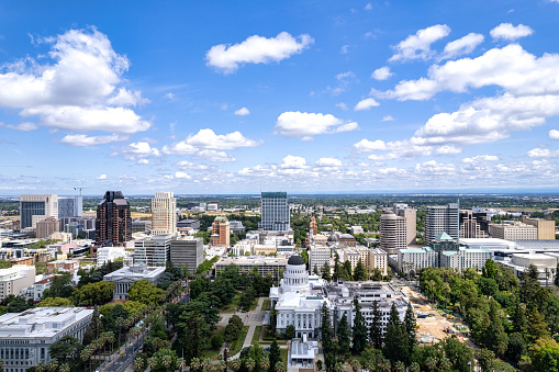 Aerial view of downtown Sacramento on a sunny blue sky day.