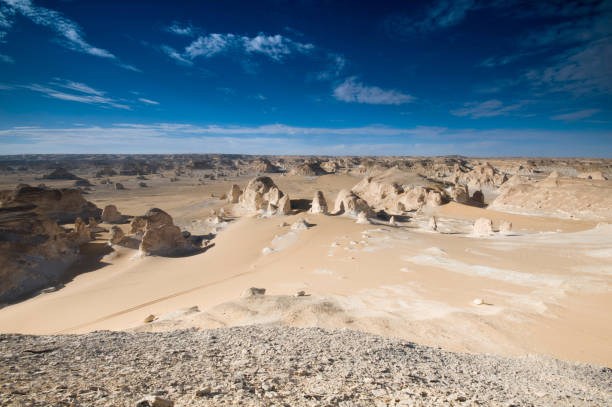 istock Wonderful white chalk rock formations in the White Desert view form above - Egypt 1528316470