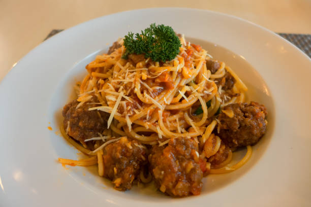 Spaghetti with meat balls on a plate