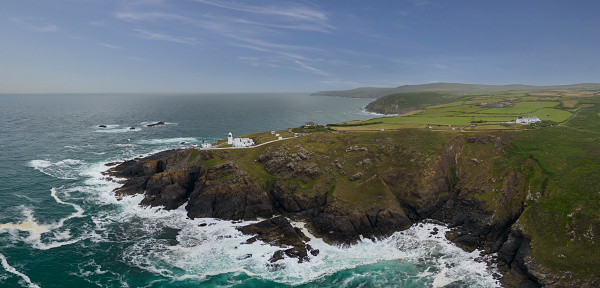 An aerial view of Pendeen Lighthouse in Cornwall, UK