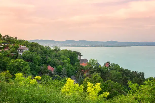 Scenic view of Balaton lake from castle hill near the Benedictine Abbey of Tihany at sunset, summer landscape with water, yachts and fresh greenery, outdoor travel background, Veszprem region, Hungary