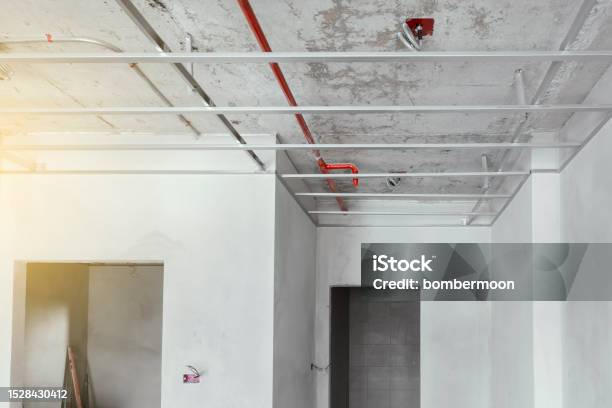 Main Conduit In Ceiling Conduit System And Automatic Fire Hoses Inside Process Of Ceiling House ...