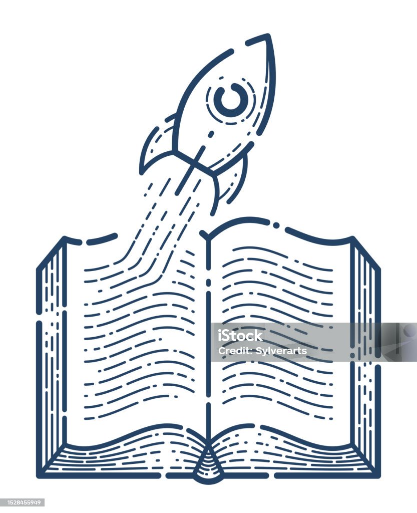 Open Book With Launching Rocket Vector Linear Icon Missile Start Up