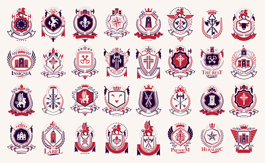 Vintage heraldic emblems vector big set, antique heraldry symbolic badges and awards collection, classic style design elements, family emblems.