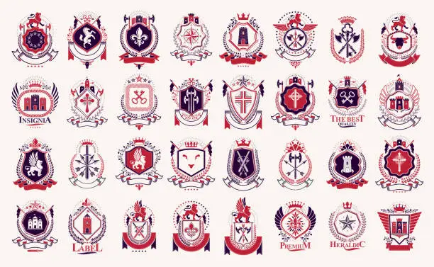 Vector illustration of Vintage heraldic emblems vector big set, antique heraldry symbolic badges and awards collection, classic style design elements, family emblems.