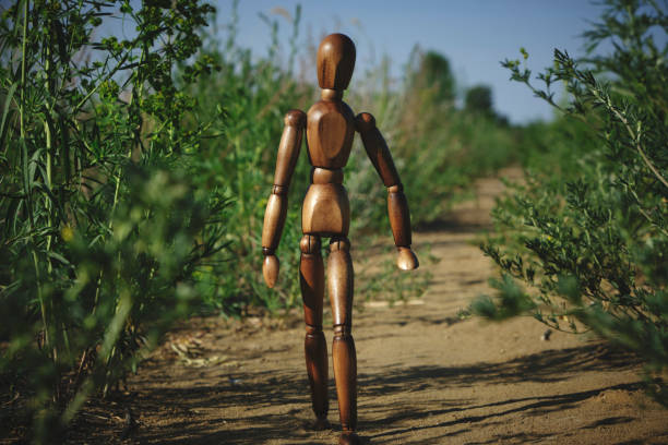 istock Wooden mannequin walking along path among green vegetation. 1528482857