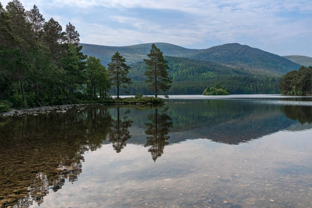 View over a tranquil Loch near Aviemore, Scotland, Loch An Eilein View over a tranquil Loch near Aviemore, Scotland, Loch An Eilein with beautiful reflections in the still water of the loch reflection lake stock pictures, royalty-free photos & images