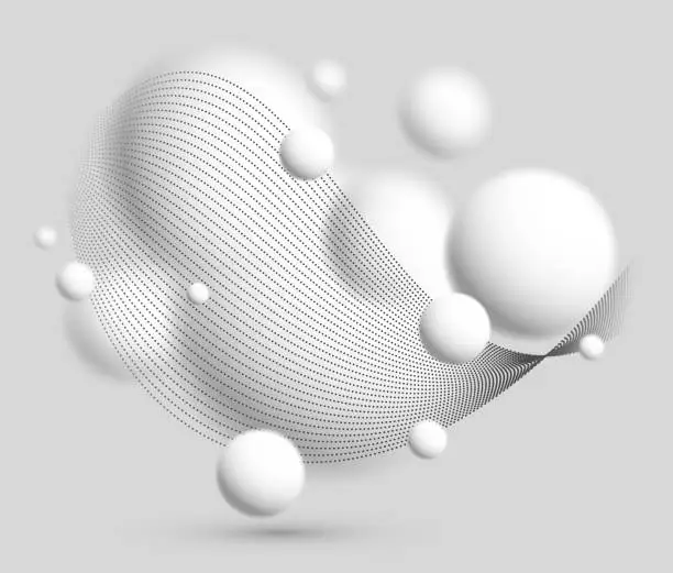 Vector illustration of Light and soft 3D defocused spheres with particles wave flow vector abstract background, relaxing ambient theme with white balls in levitation, atmospheric wallpaper.