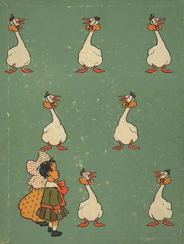 Two children and Geese by William Wallace Denslow (W. W. Denslow). Vintage lithograph circa 1901.