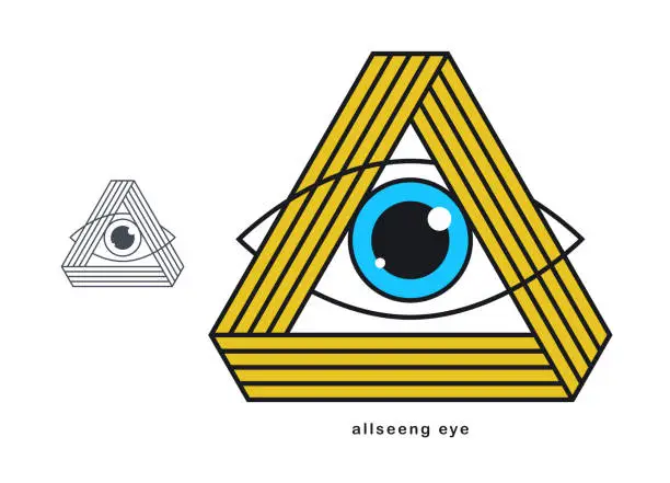 Vector illustration of All seeing eye in triangle pyramid vector ancient symbol in modern linear style isolated on white, eye of god, masonic sign, secret knowledge illuminati.