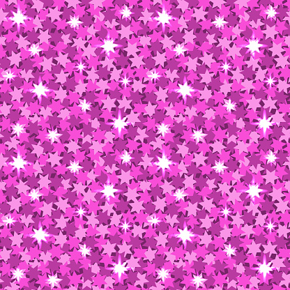 Seamless pink glitter pattern with starlight. Sparkle confetti background for little girl's princess birthday, Christmas or New Year's celebration. Sequin pattern, barbiecore, bright glitzy texture