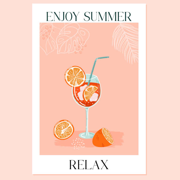 illustrazioni stock, clip art, cartoni animati e icone di tendenza di cocktail estivo. bicchiere con bevanda, ghiaccio e fette d'arancia. - aperitivo