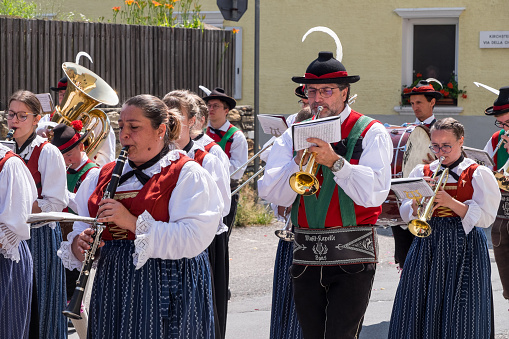Gasteinertal, Austria – January 1, 2023: Commander and musicians in the Perchtenlauf procession in the Austrian Gastein Valley