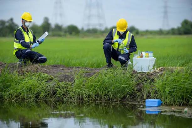 Environmental researchers investigate the condition of canal water for toxic spills, river waste water sampling, Asian researchers collect water samples in farmland for research and development.