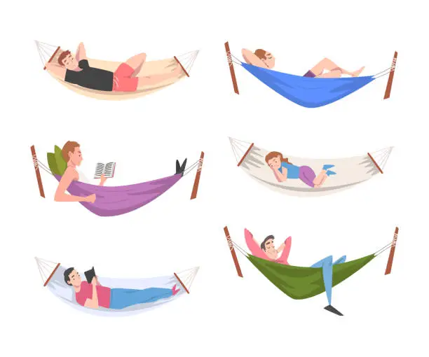 Vector illustration of People Characters Resting in Hammock Reading Book and Sleeping Vector Illustration Set