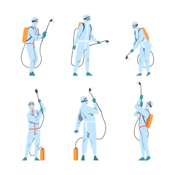 Vector illustration of People in Protective Antiviral Suit Spraying Disinfectant Agent as Preventive Measure Against Spread of Coronavirus Disease Vector Set