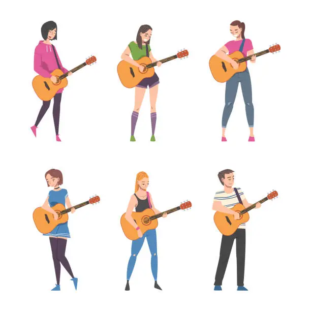 Vector illustration of Young Man and Woman Musician Guitarist Character Playing Guitar Performing Street Concert Vector Set