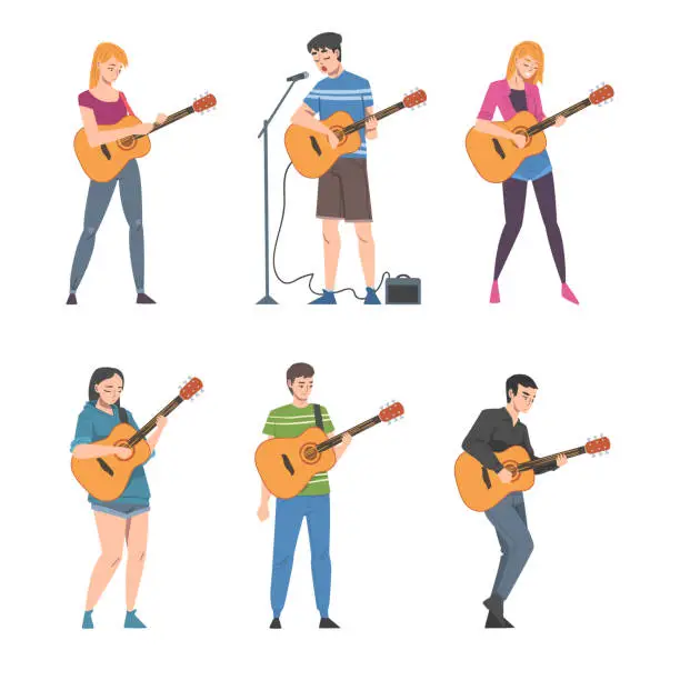 Vector illustration of Young Man and Woman Musician Guitarist Character Playing Guitar Performing Street Concert Vector Set