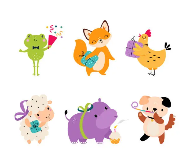Vector illustration of Cute Animal Characters Celebrating Birthday Holiday with Whistle and Gift Box Vector Set