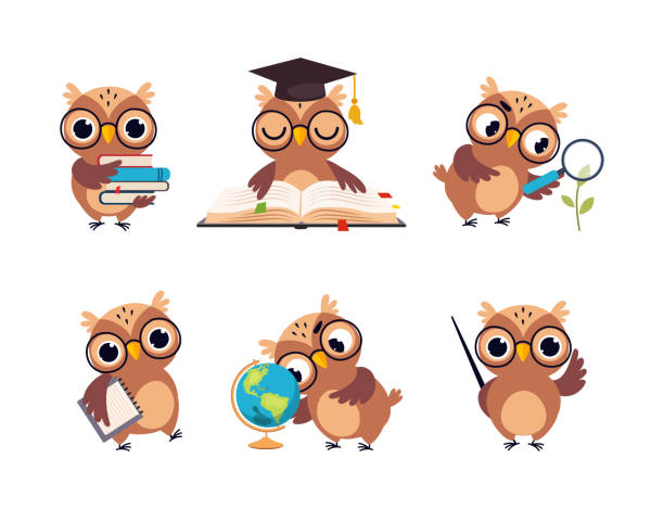 Wise Brown Owl in Glasses and Graduation Hat Vector Set Wise Brown Owl in Glasses and Graduation Hat Vector Set. Cute Smart Bird Teacher Character Teaching at School cartoon of bird with glasses stock illustrations