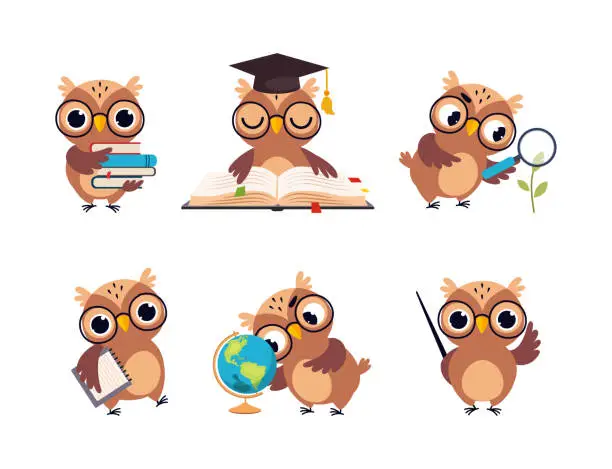 Vector illustration of Wise Brown Owl in Glasses and Graduation Hat Vector Set
