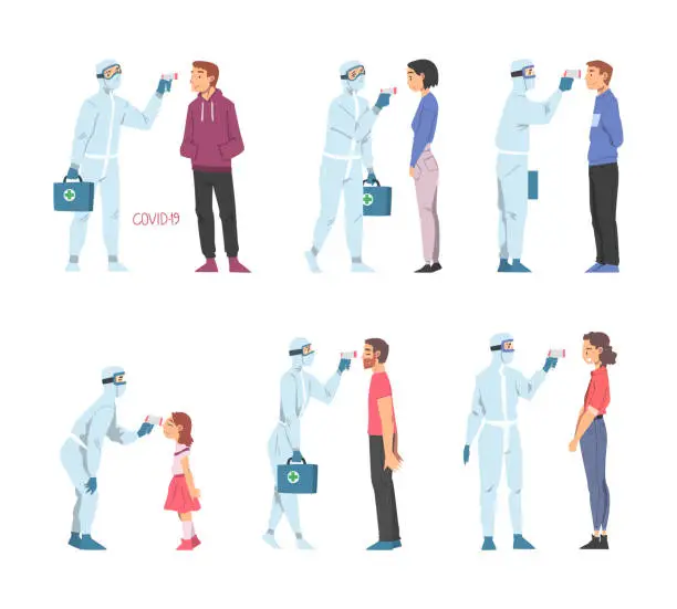 Vector illustration of Doctors in Protective Suit Measuring Temperature of People with Body Temperature Scanner Vector Set