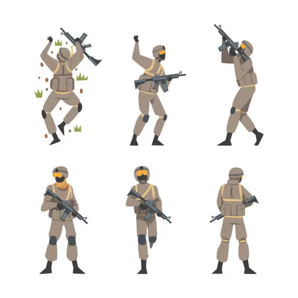 Vector illustration of Man as Military Special Armed Force in Uniform and Rifle Vector Set