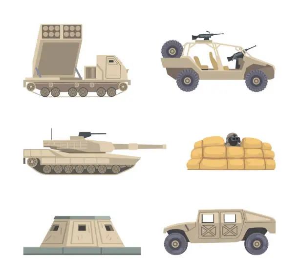 Vector illustration of Air Defence Missile System, Military Car and Armored Vehicle as Transportation Used in Army Vector Set