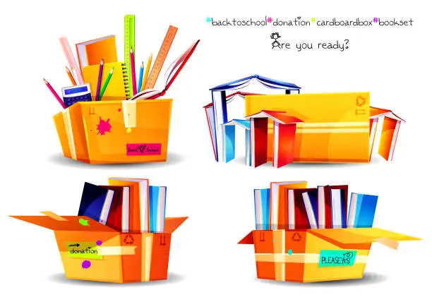 Vector illustration of School education concept in cartoon style. Back to school. Multicolored books with stationery in cardboard boxes with stickers on an isolated white background. Set of stationery in cardboard boxes, donation box.