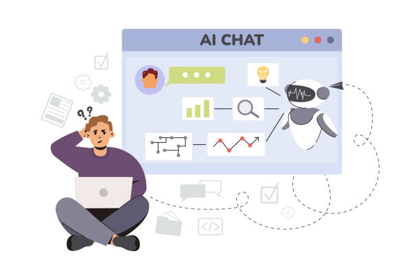 płaski mężczyzna wykorzystujący technologię sztucznej inteligencji do pomocy w odpowiedzi na pytania - chat gpt stock illustrations
