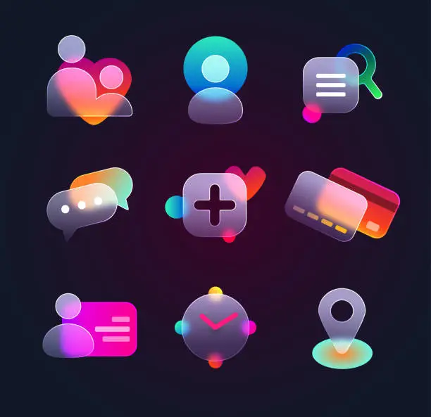 Vector illustration of Realistic set of glassmorphism ui icons