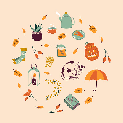 istock Set of different autumn elements: falling leaves, cat, candle, socks, tea, pumpkin and other. Hello Autumn. Hand drawn vector illustrations. Cute print for clothes, posters, cards, books and magazines 1528609688